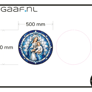 Glas in lood raamfolie op maat eigen ontwerp rond gesneden Maria blauw