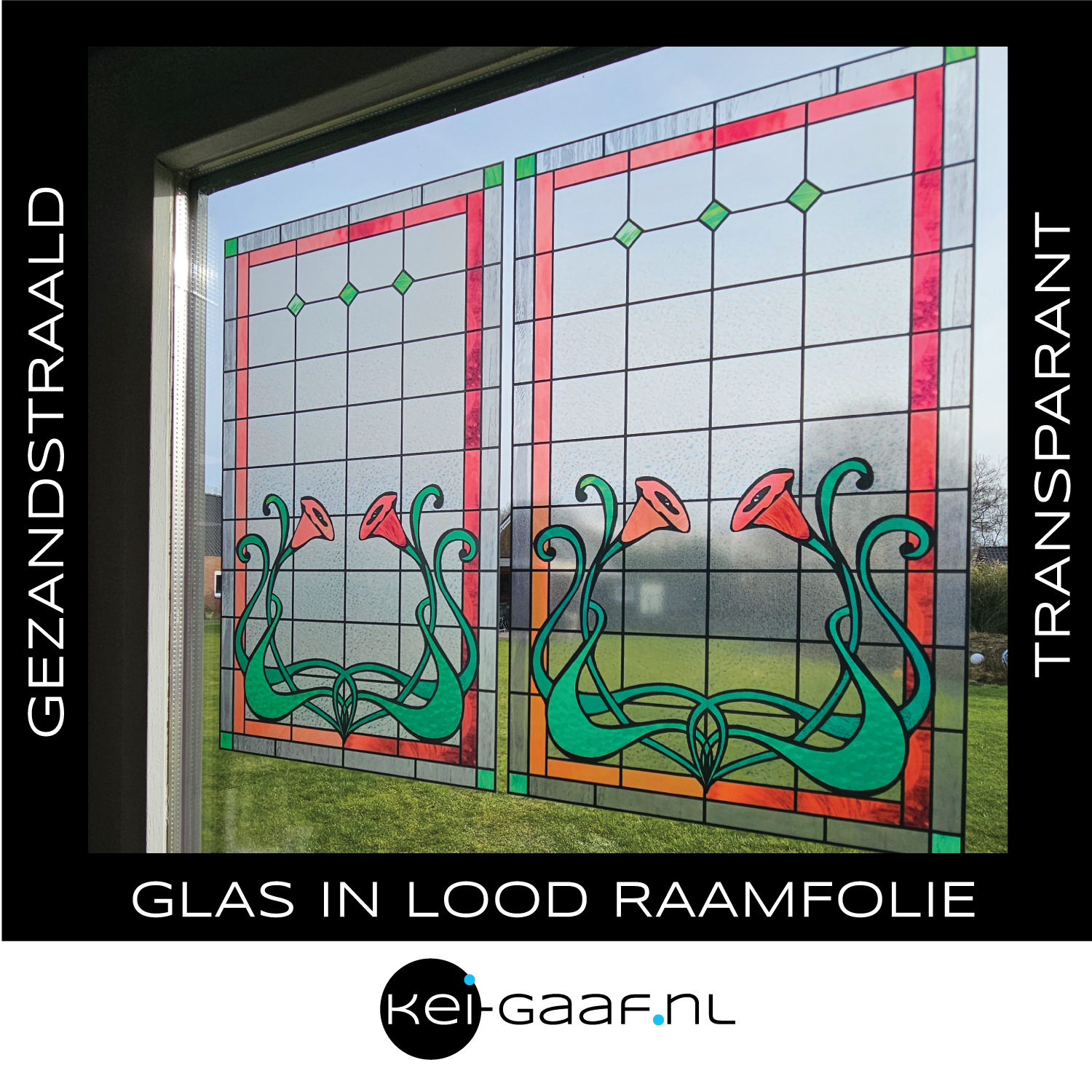 Glas in lood raamfolie modern rood bloem groen