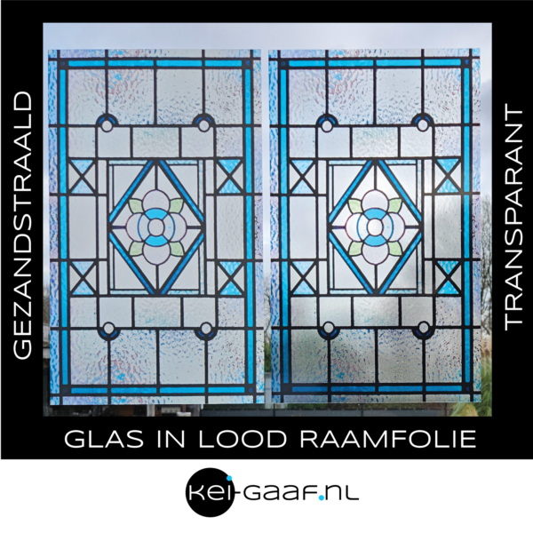 Raamfolie plakfolie blauw bloem glas in lood