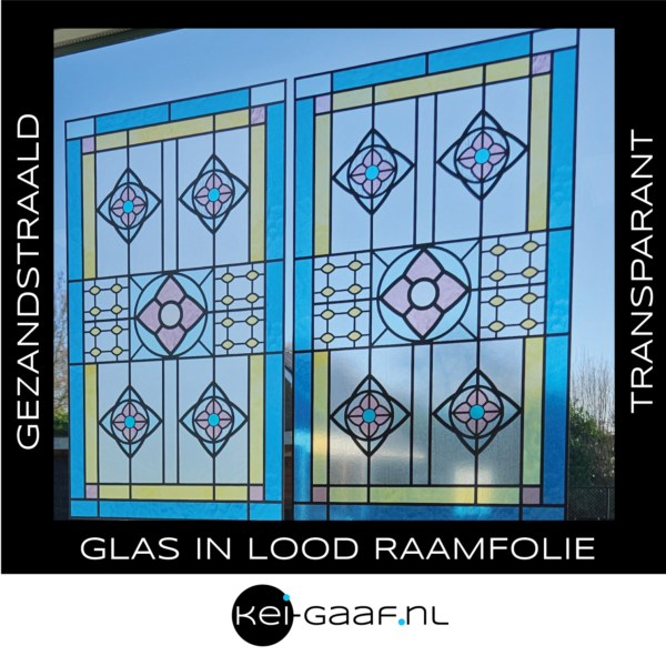 Glas in lood raamfolie zeer mooi geel blauw bloem roze deur raam erker voordeur