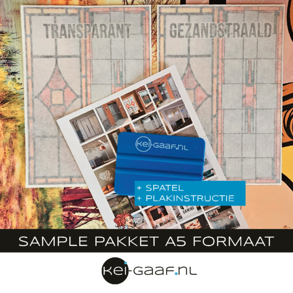 SAMPLE pakket raamfolie A5 formaat 1x Transparant + 1x Gezandstraald + Spatel + Plakinstructie