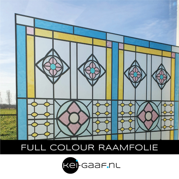 Glas in lood raamfolie zeer mooi geel blauw bloem roze deur raam erker voordeur gezandstraald
