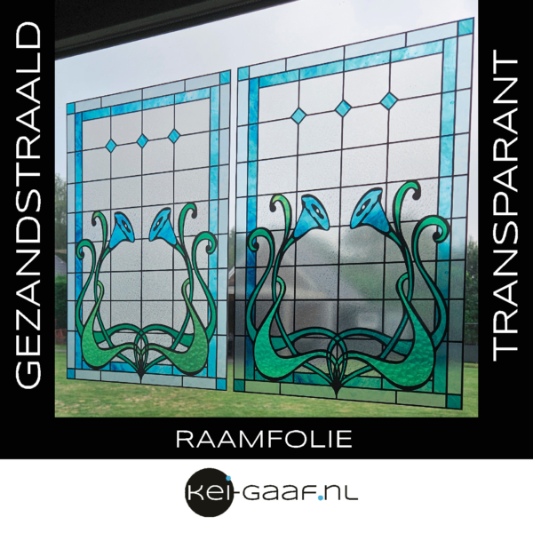 Blauw bloem groen glas in lood raamfolie plakfolie raamsticker