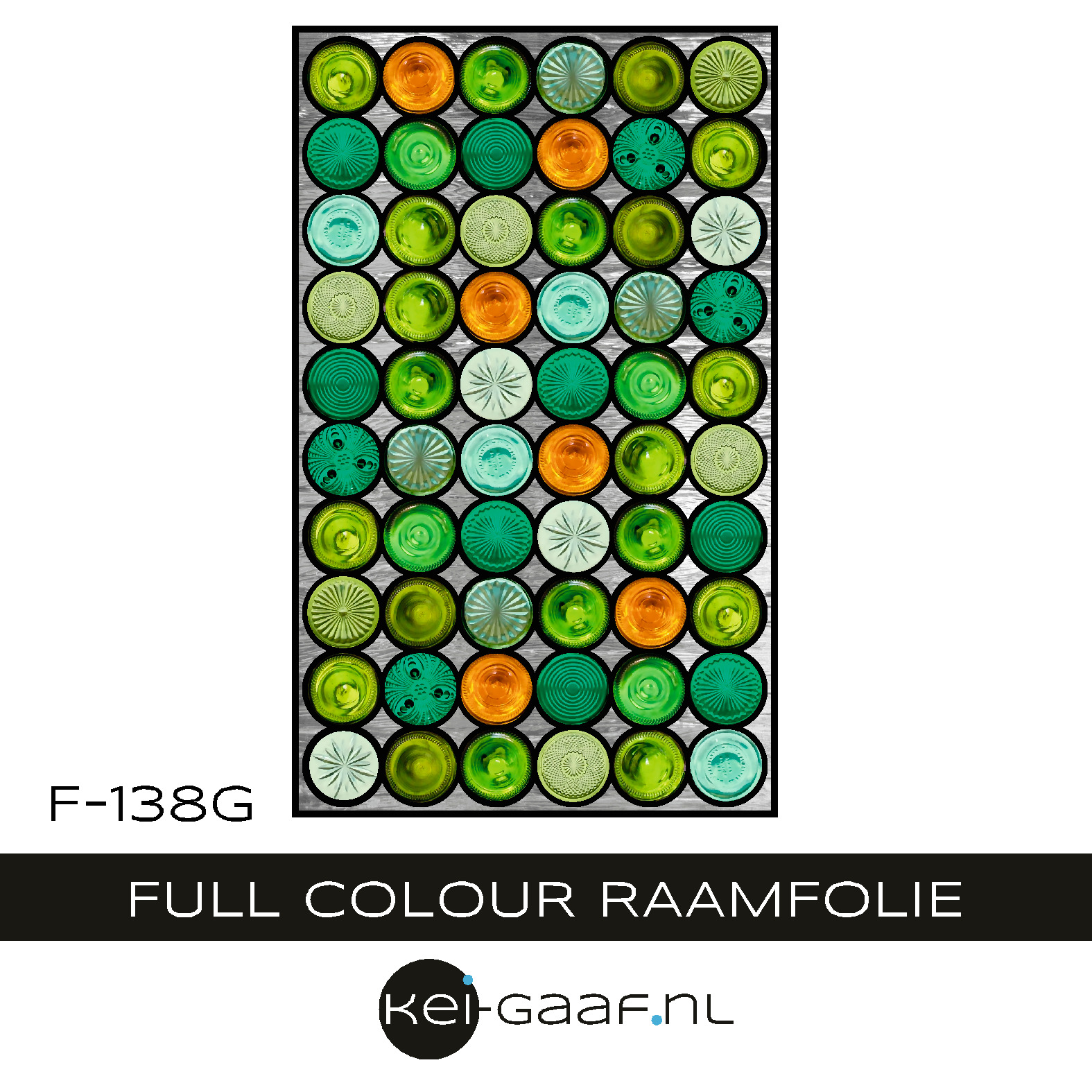Raamfolie glas in lood plakfolie groen oranje flesbodems rond 138G Raamfolie glas in lood plakfolie groen oranje flesbodems rond 138G