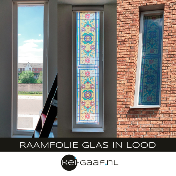 Privacy folie raamfolie glas in lood raamsticker op maat blauw geel voorbeeld
