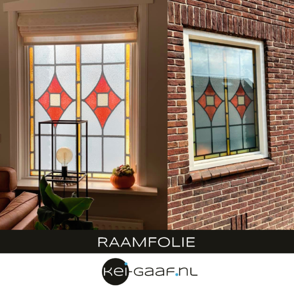 Rood geel glas in lood folie op maat privacy raamfolie voorbeeld