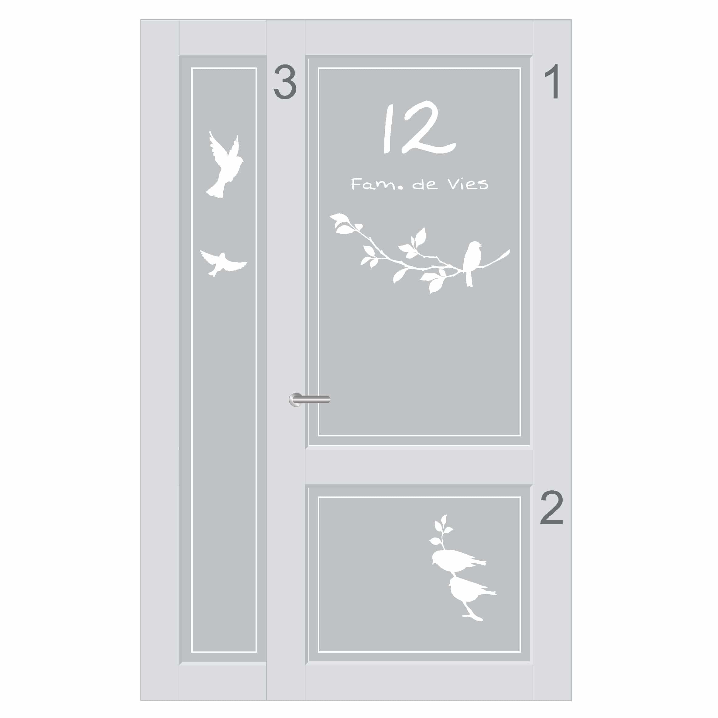 Sleutel snap Inloggegevens Raamfolie glasfolie op maat, naam, huisnummer en vogels 2C - Kei-Gaaf